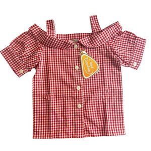 Mud Kingdom Red Gingham Cotton Shirt Girls Size 6/8 (130) Cold Shoulder Buttons